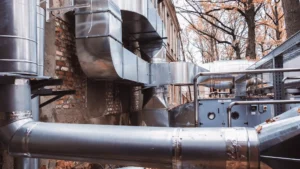 Instalasi ducting HVAC dan unit pengolah udara pada area luar gedung