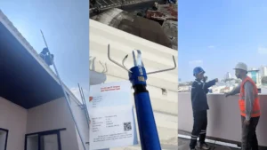 “Kolase proses instalasi penangkal petir, detail terminal udara beserta sertifikat, dan pemeriksaan teknisi di atap gedung.”