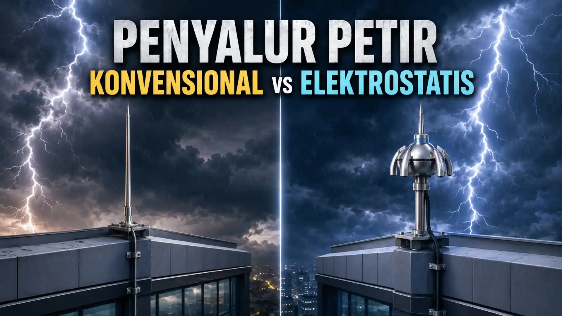 Perbandingan penyalur petir konvensional dan elektrostatis yang terpasang di atap gedung saat terjadi badai petir.